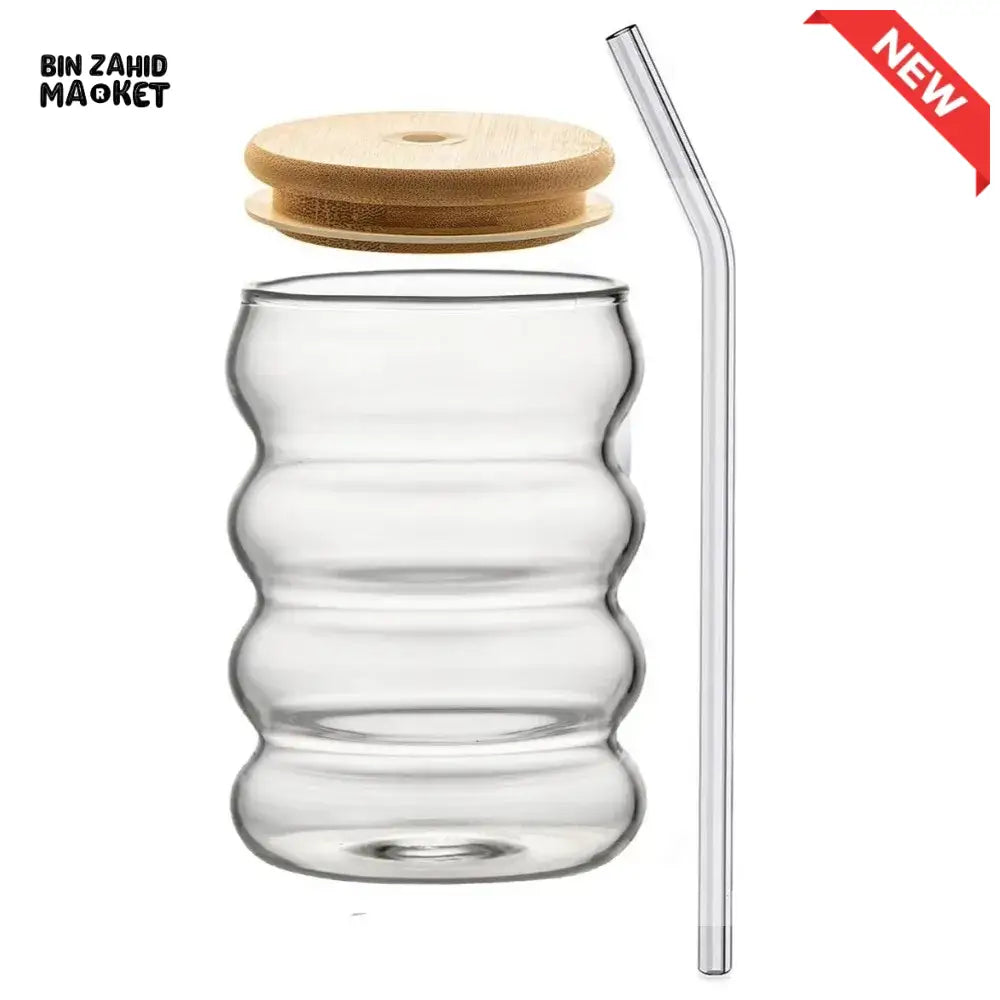 Creative Wooden Lid Glass Cup with Straw Bowtie Decor Wave Style Mug Microwave Safe Transparent Glass Drinkware for Women Girls