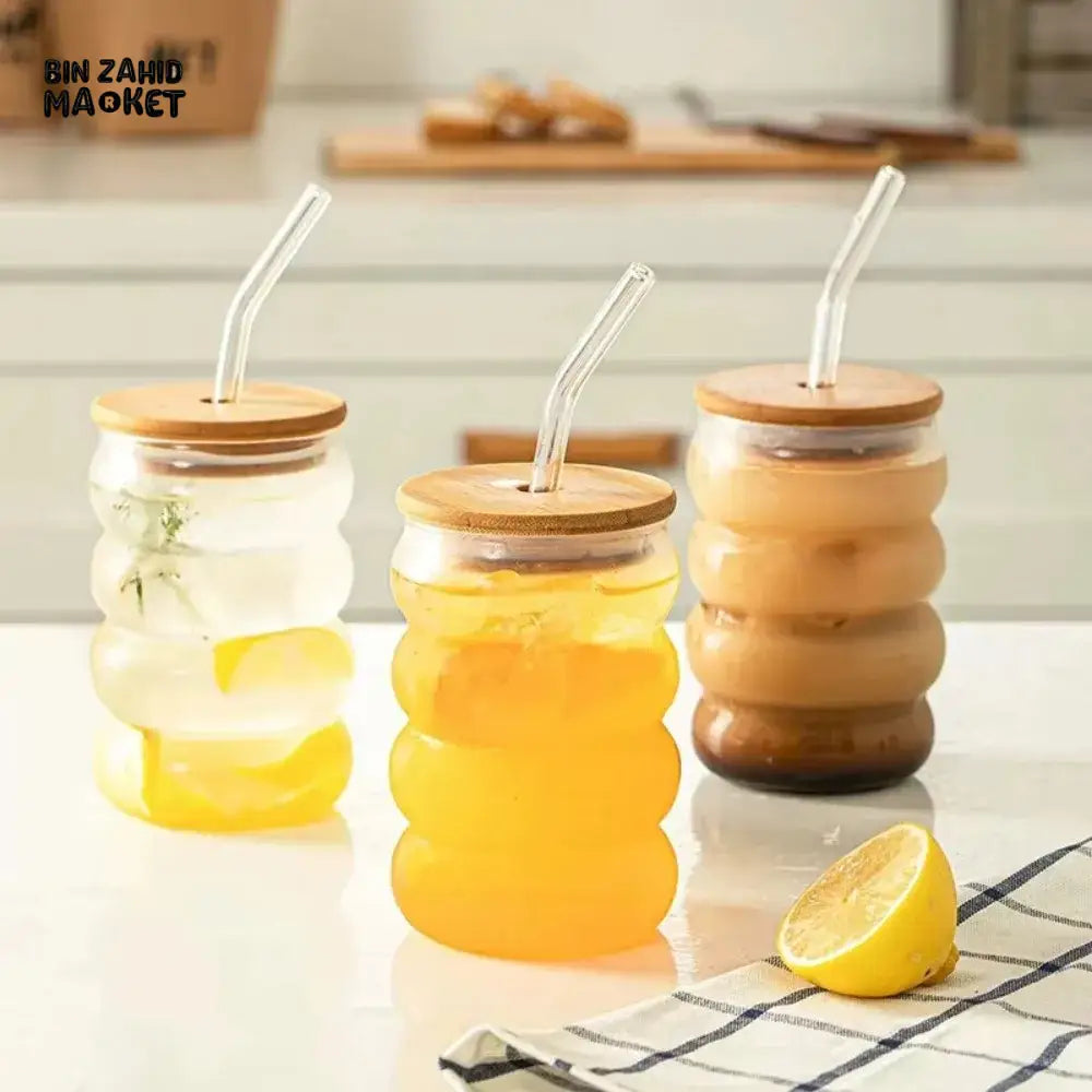 Creative Wooden Lid Glass Cup with Straw Bowtie Decor Wave Style Mug Microwave Safe Transparent Glass Drinkware for Women Girls