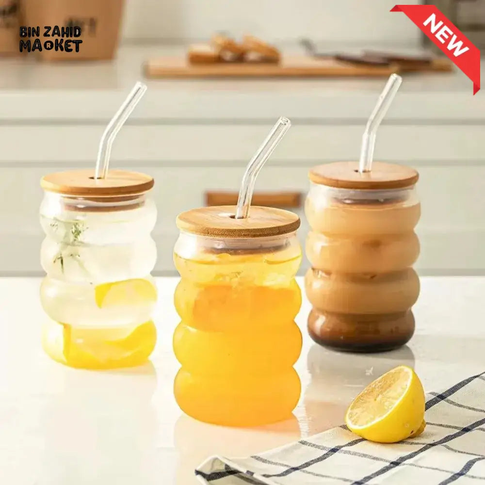 Creative Wooden Lid Glass Cup with Straw Bowtie Decor Wave Style Mug Microwave Safe Transparent Glass Drinkware for Women Girls