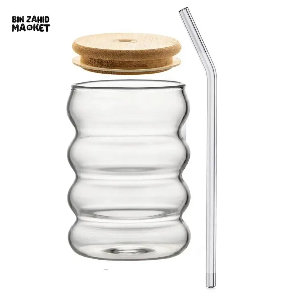 Creative Wooden Lid Glass Cup with Straw Bowtie Decor Wave Style Mug Microwave Safe Transparent Glass Drinkware for Women Girls