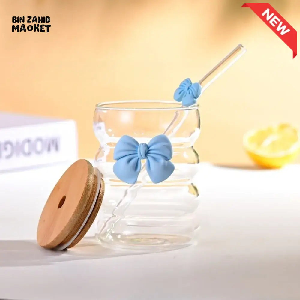 Creative Wooden Lid Glass Cup with Straw Bowtie Decor Wave Style Mug Microwave Safe Transparent Glass Drinkware for Women Girls