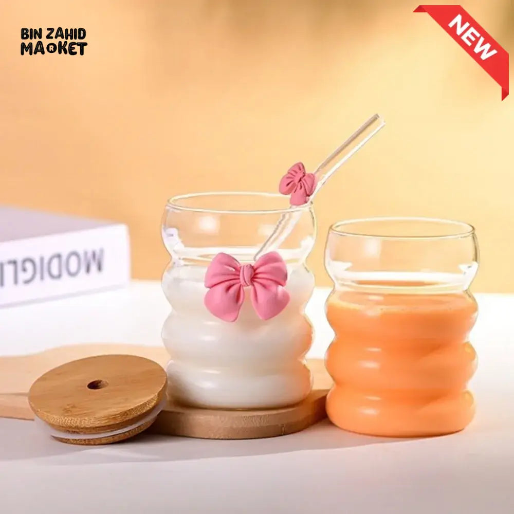 Creative Wooden Lid Glass Cup with Straw Bowtie Decor Wave Style Mug Microwave Safe Transparent Glass Drinkware for Women Girls