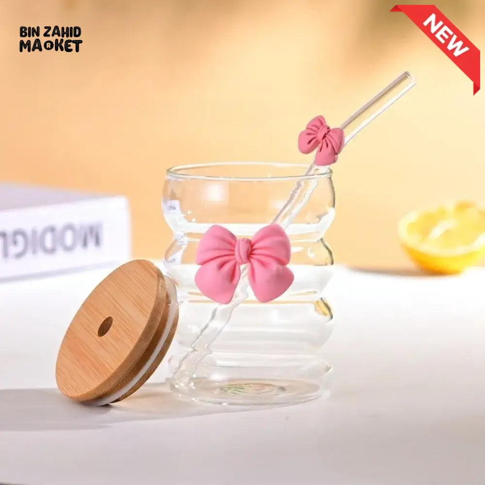 Creative Wooden Lid Glass Cup with Straw Bowtie Decor Wave Style Mug Microwave Safe Transparent Glass Drinkware for Women Girls