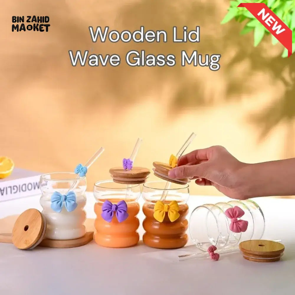 Creative Wooden Lid Glass Cup with Straw Bowtie Decor Wave Style Mug Microwave Safe Transparent Glass Drinkware for Women Girls