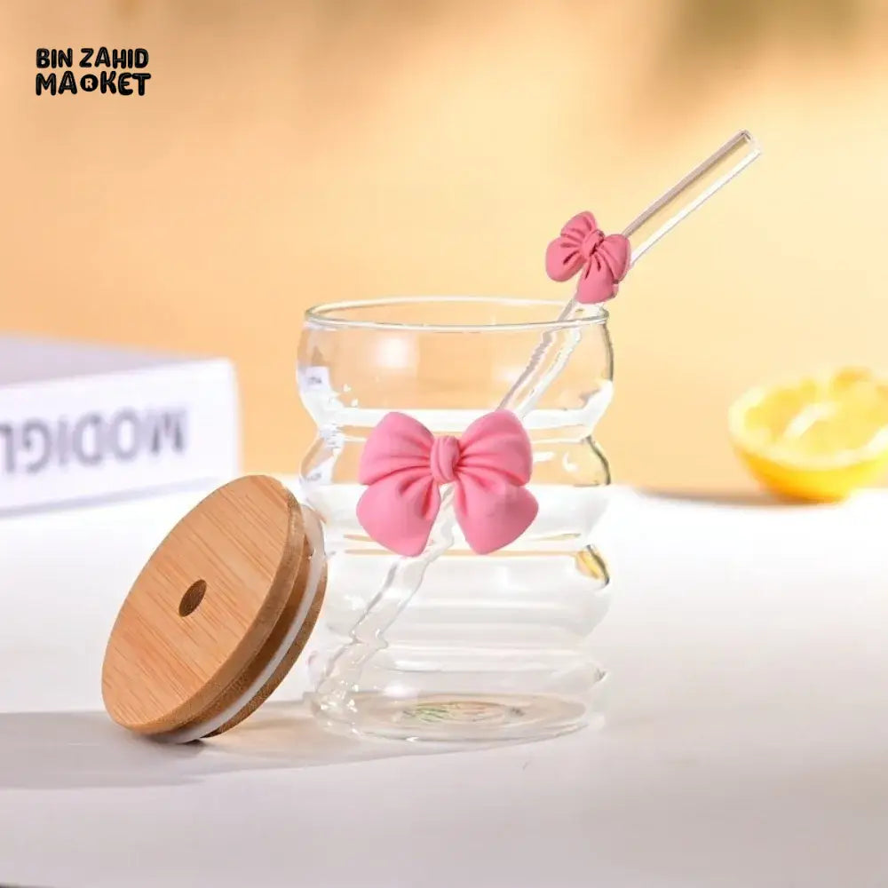Creative Wooden Lid Glass Cup with Straw Bowtie Decor Wave Style Mug Microwave Safe Transparent Glass Drinkware for Women Girls