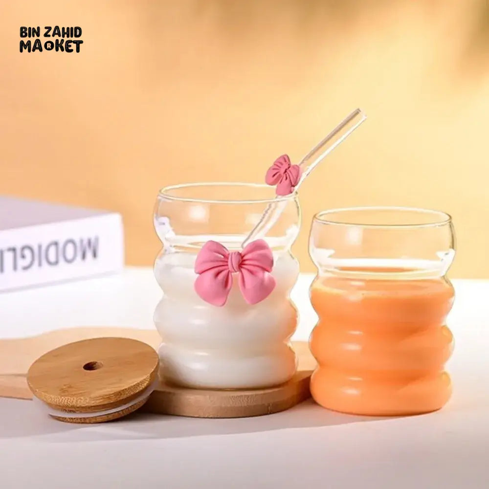 Creative Wooden Lid Glass Cup with Straw Bowtie Decor Wave Style Mug Microwave Safe Transparent Glass Drinkware for Women Girls