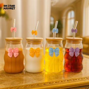 LUXURY GLASS JUICE JARS WITH STRAW AND BOW – ELEGANT DRINKING MUG - 530ML RXG-037