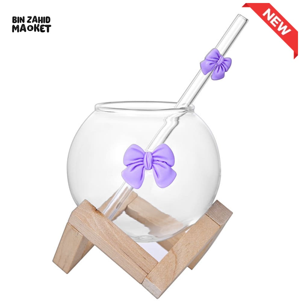 GLASSLUX BOW MUG WITH STRAW MUG ALONG BAMBOO BASE STAND