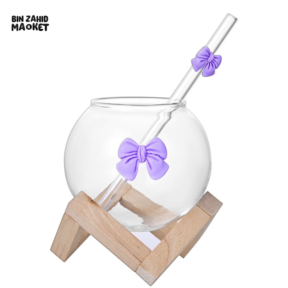 GLASSLUX BOW MUG WITH STRAW MUG ALONG BAMBOO BASE STAND