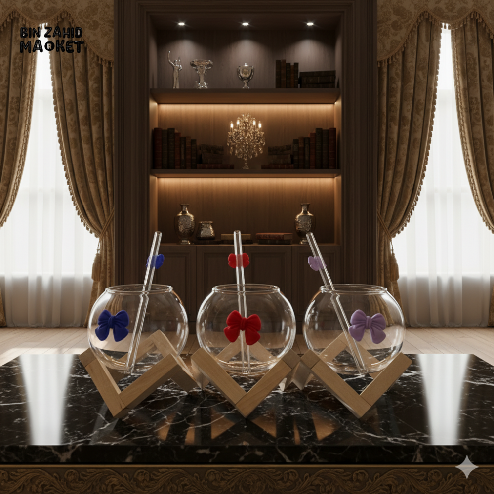 GLASSLUX BOW MUG WITH STRAW MUG ALONG BAMBOO BASE STAND