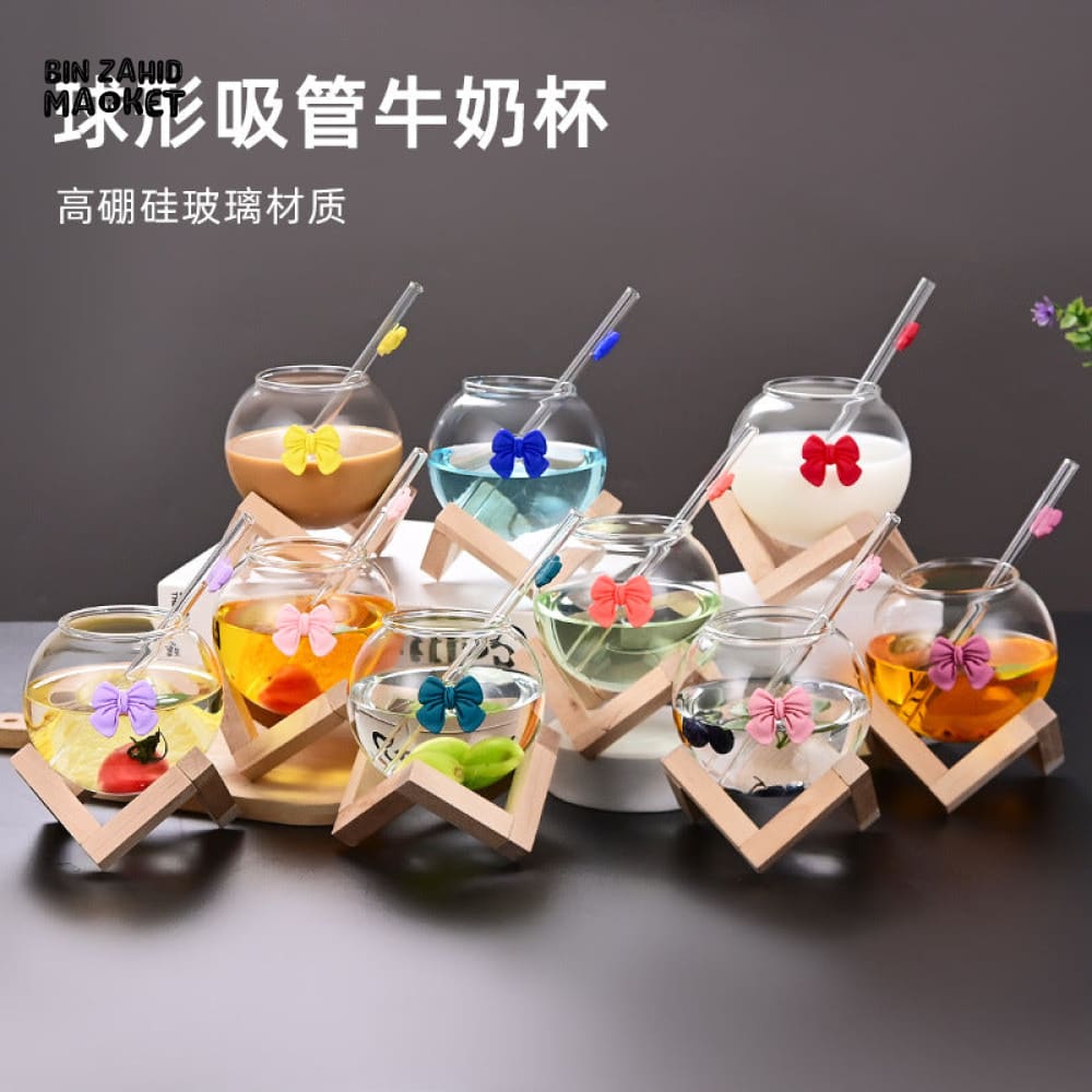 GLASSLUX BOW MUG WITH STRAW MUG ALONG BAMBOO BASE STAND