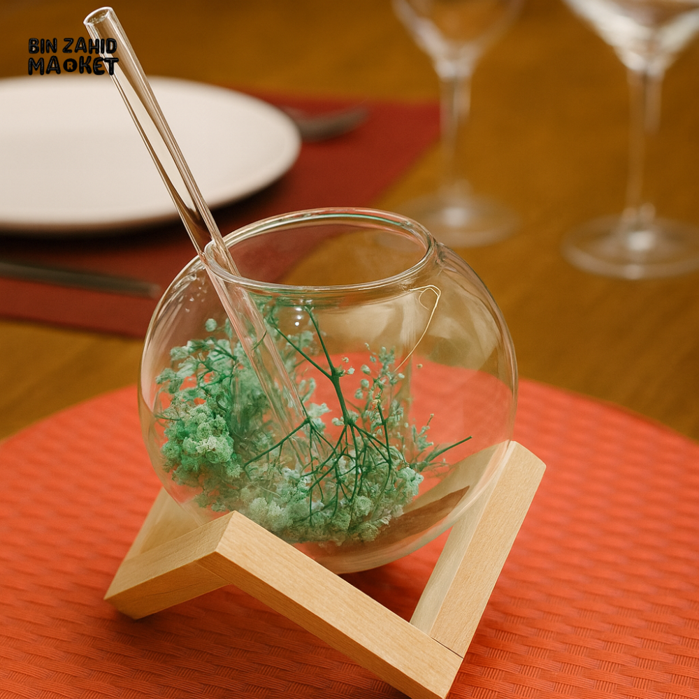GLASSLUX DOUBLE-WALL GLASS COFFEE CUP WITH STRAW & WOODEN STAND – HEAT RESISTANT