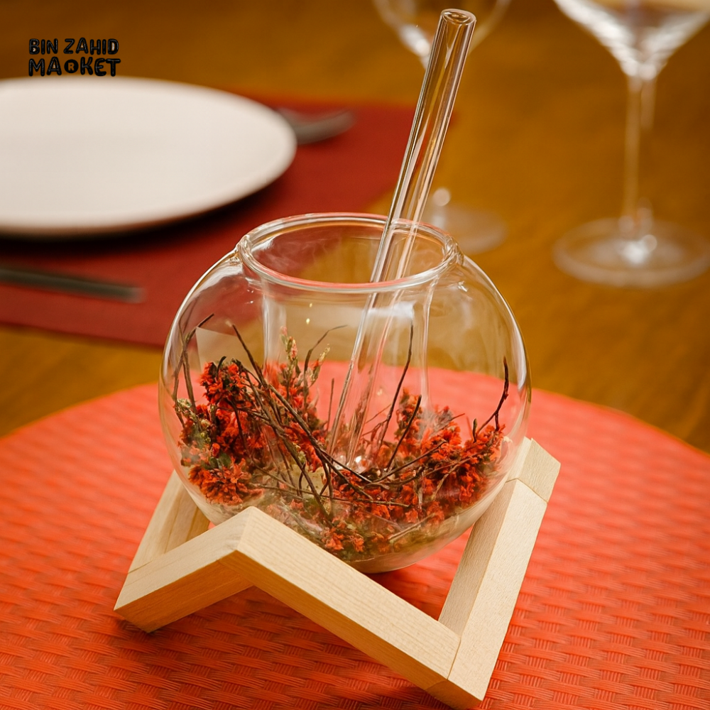 GLASSLUX DOUBLE-WALL GLASS COFFEE CUP WITH STRAW & WOODEN STAND – HEAT RESISTANT