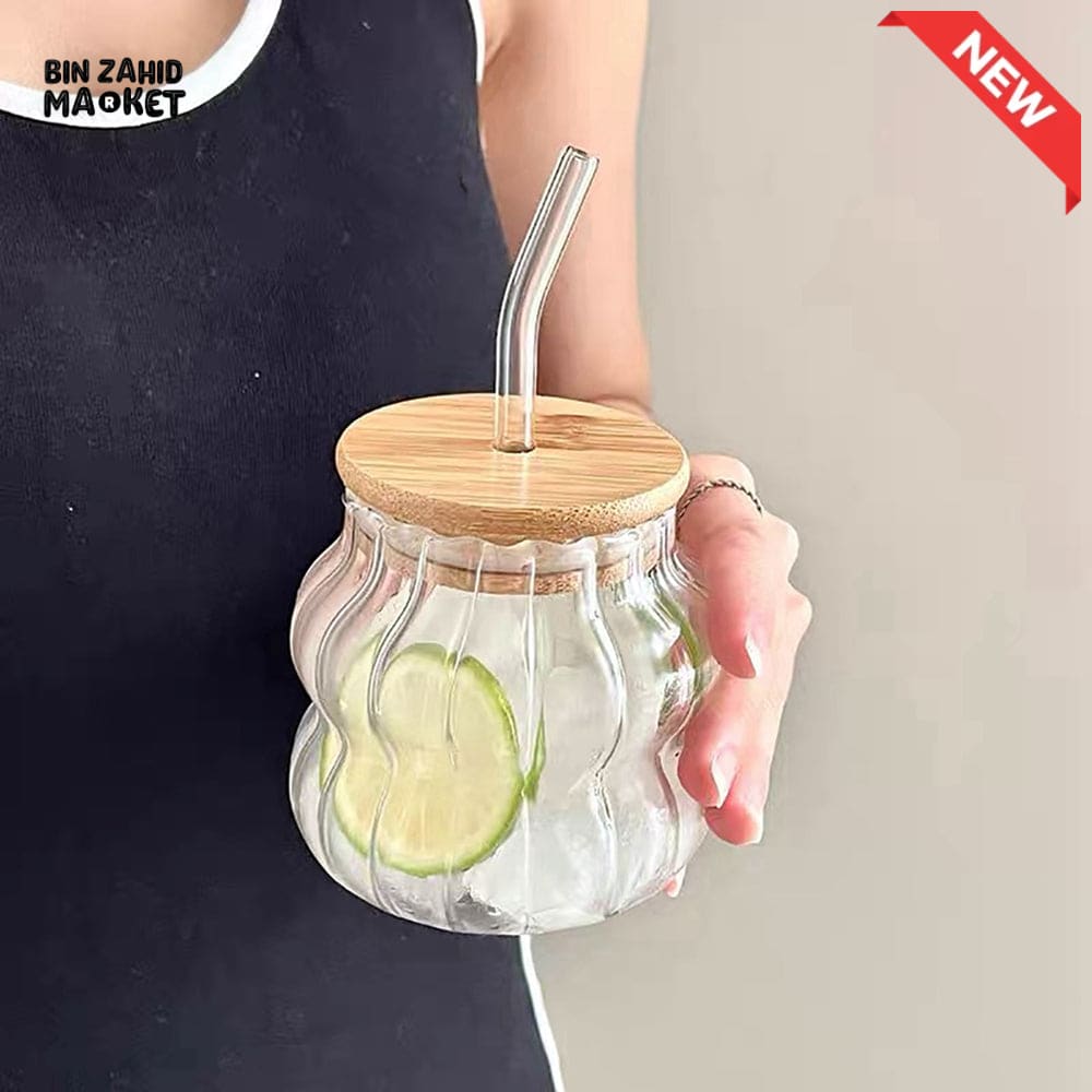 GLASSLUX REUSABLE GLASS CUP SET 350ML – BAMBOO LID GLASS STRAW FOR COLD DRINKS