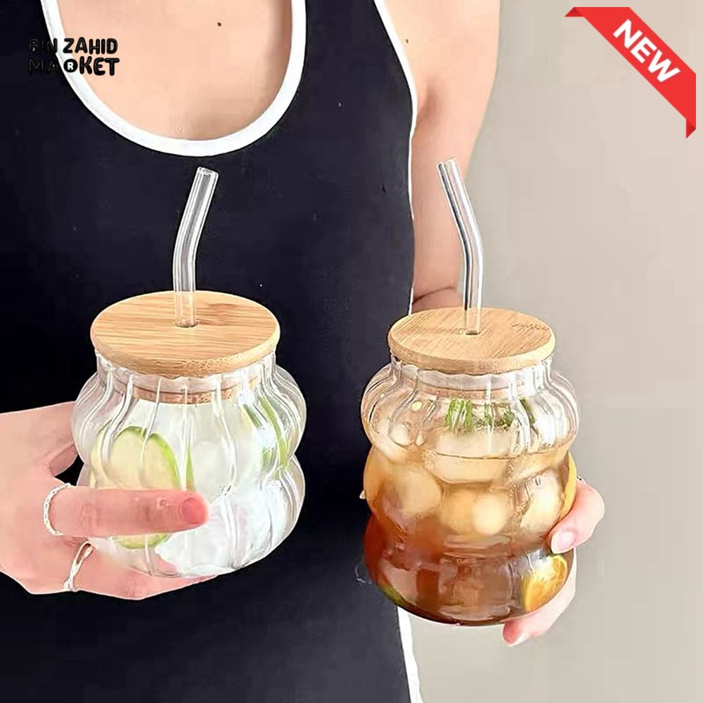 GLASSLUX REUSABLE GLASS CUP SET 350ML – BAMBOO LID GLASS STRAW FOR COLD DRINKS