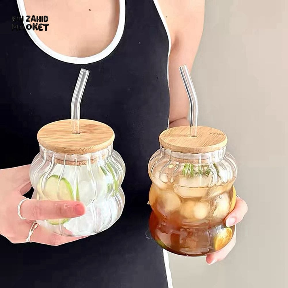 GLASSLUX REUSABLE GLASS CUP SET 350ML – BAMBOO LID GLASS STRAW FOR COLD DRINKS