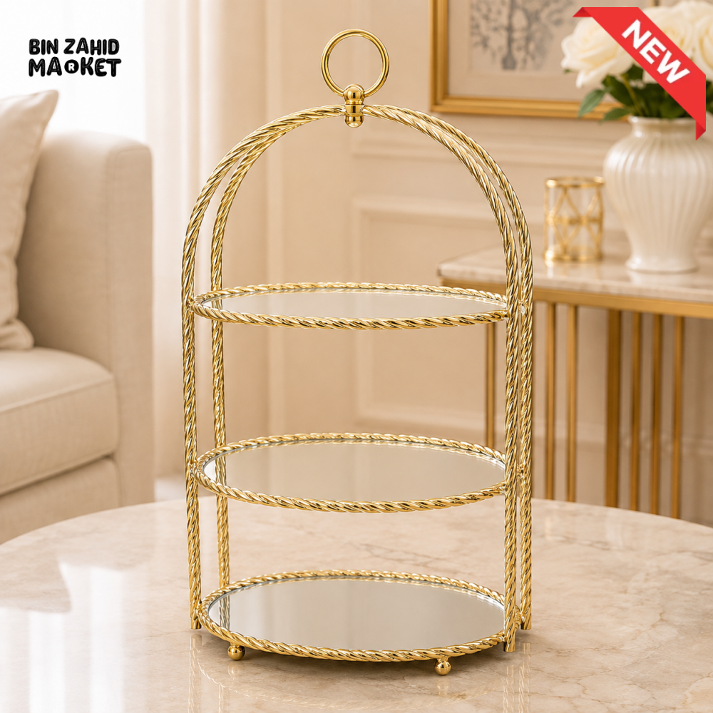 GOLD 3-TIER MIRRORED DISPLAY STAND