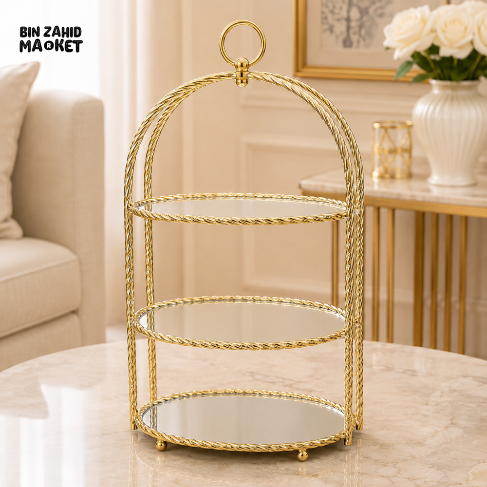 GOLD 3-TIER MIRRORED DISPLAY STAND
