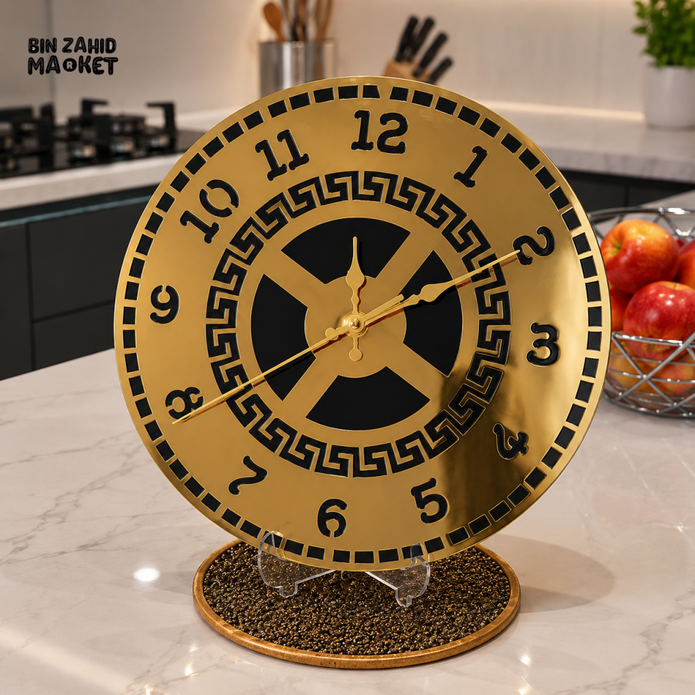 GOLD AND BLACK GREEK KEY DESIGN DECORATIVE TABLE CLOCK