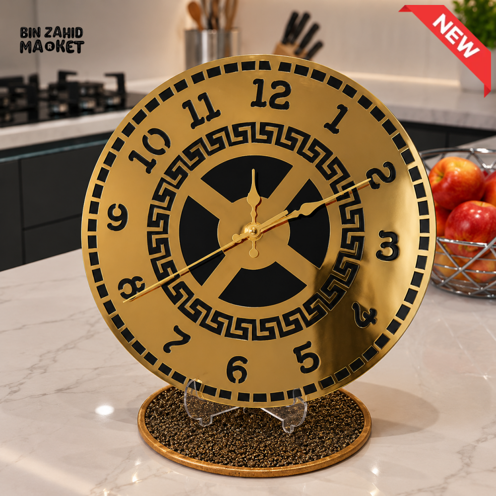 GOLD AND BLACK GREEK KEY DESIGN DECORATIVE TABLE CLOCK