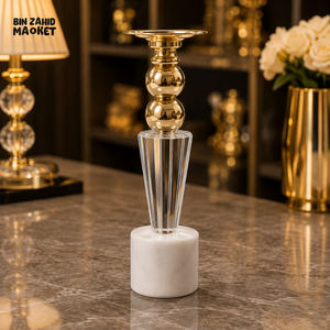 GOLD AND CRYSTAL DECORATIVE CANDLE HOLDER WITH MARBLE BASE - LARGE