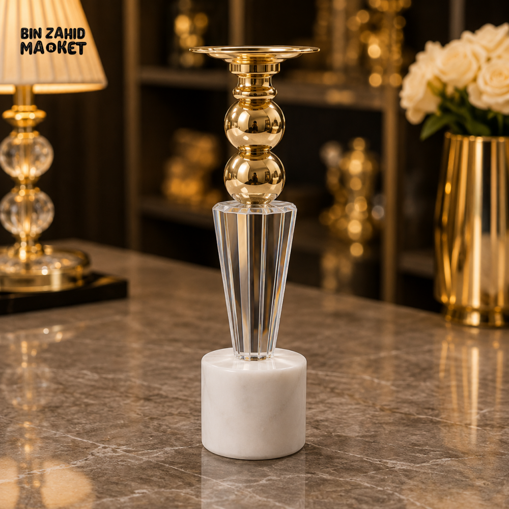 GOLD AND CRYSTAL DECORATIVE CANDLE HOLDER WITH MARBLE BASE - LARGE