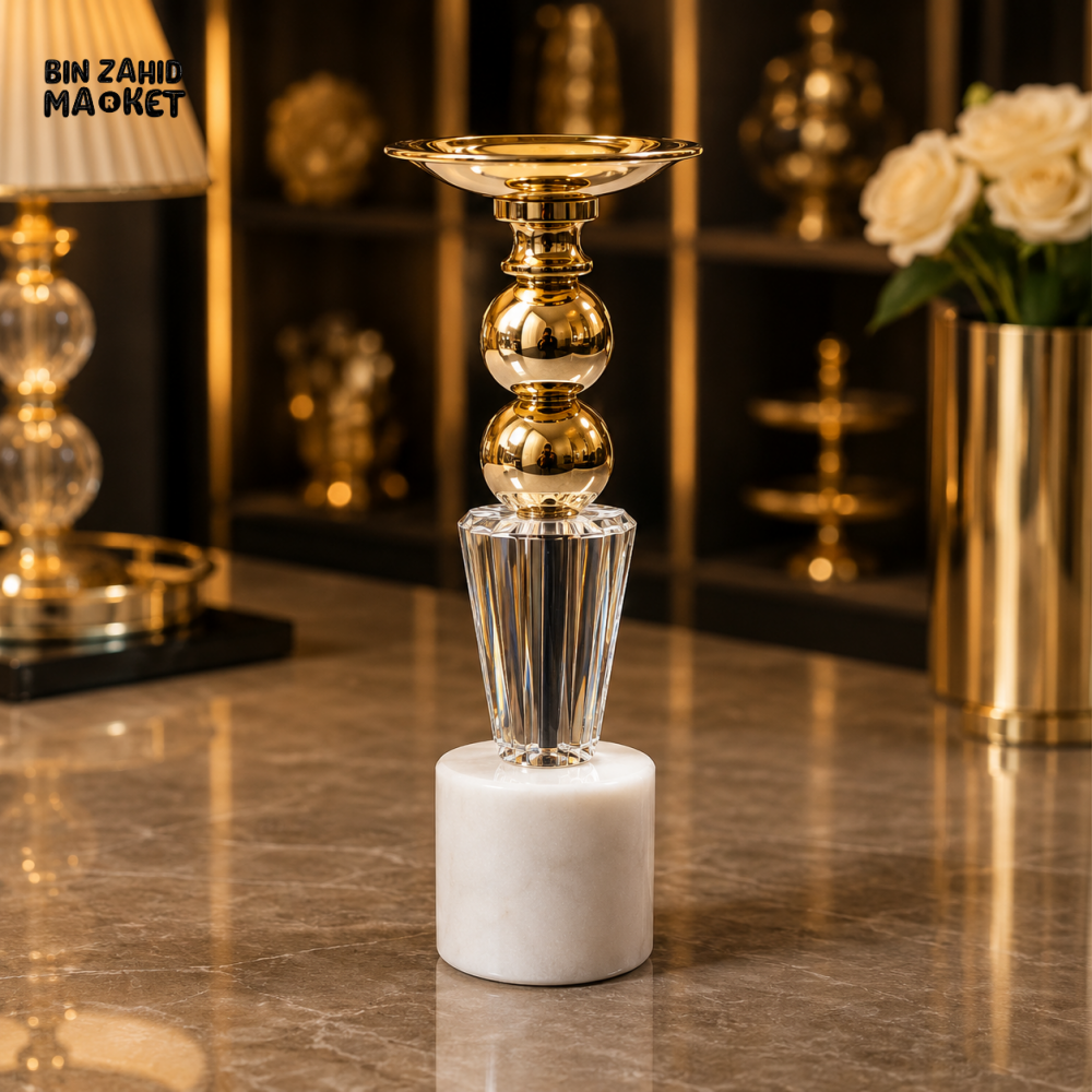 GOLD AND CRYSTAL DECORATIVE CANDLE HOLDER WITH MARBLE BASE - SMALL