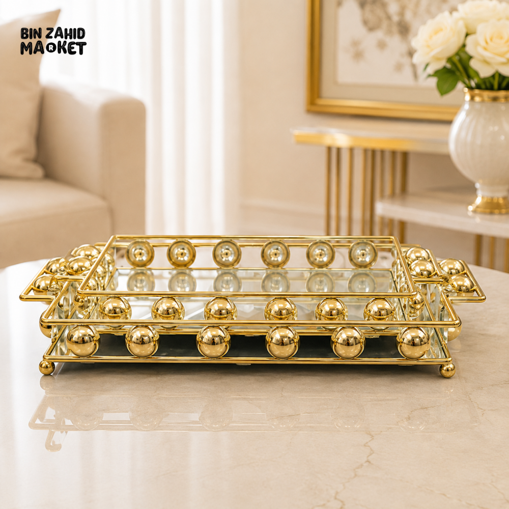 GOLD BALL MIRRORED RECTANGULAR DECORATIVE TRAY SET - 2 PIECE