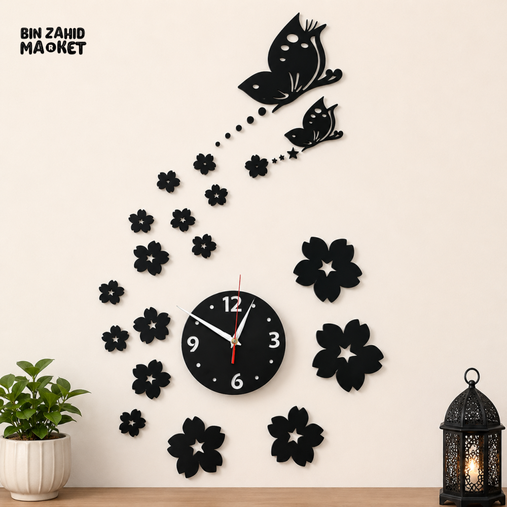 GOLD & BLACK BUTTERFLY AND FLOWER DECORATIVE WALL CLOCK - BLACK
