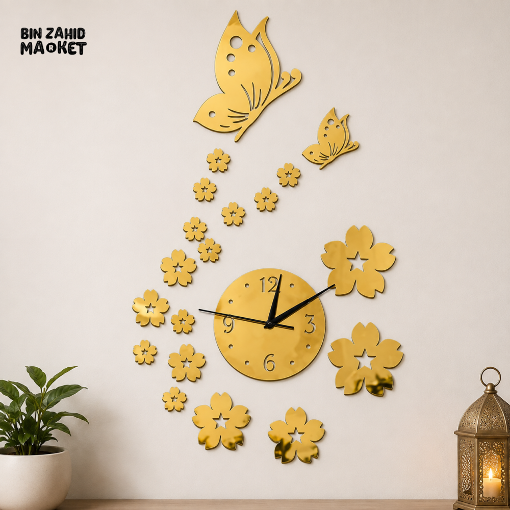 GOLD & BLACK BUTTERFLY AND FLOWER DECORATIVE WALL CLOCK - GOLDEN