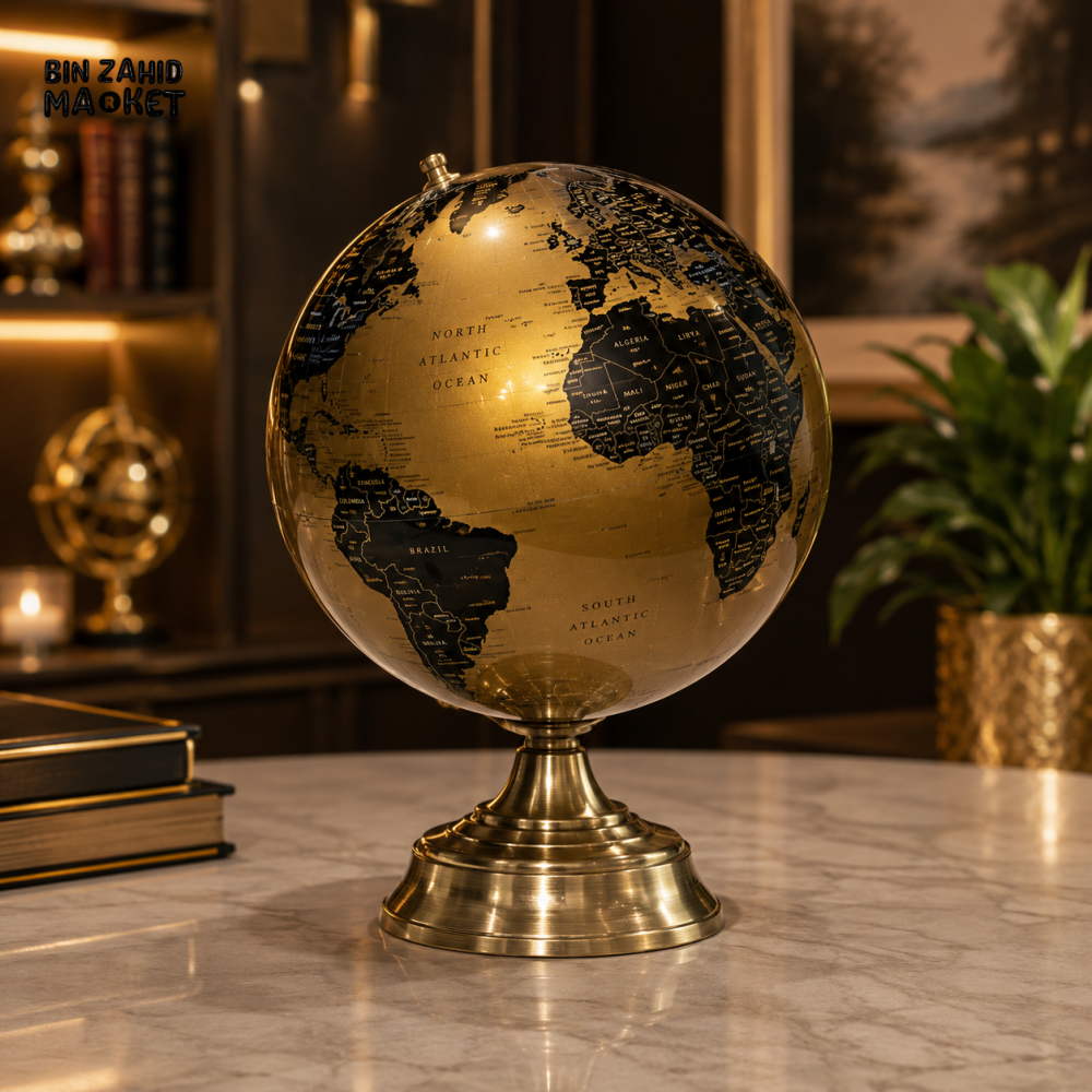 GOLD & BLACK DECORATIVE WORLD GLOBE WITH METAL BASE