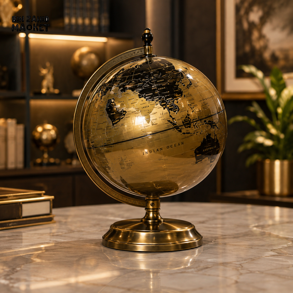GOLD & BLACK DECORATIVE WORLD GLOBE WITH METAL STAND
