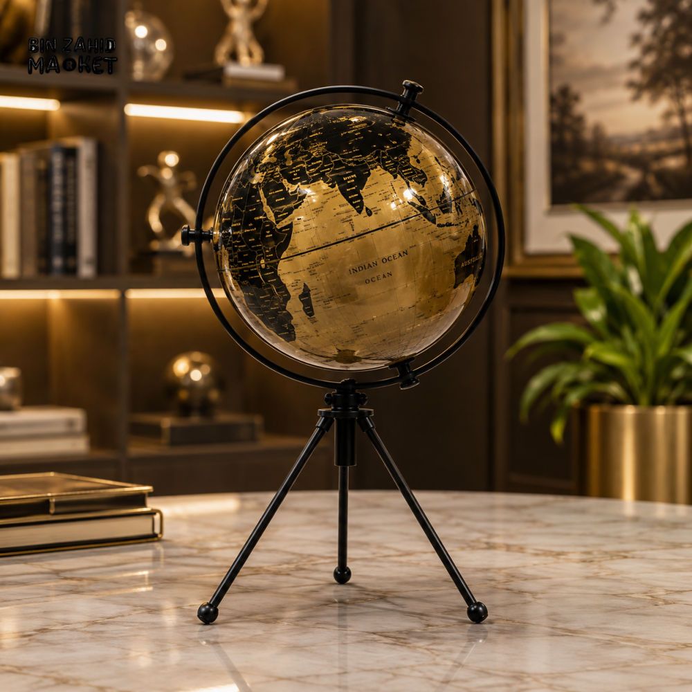 GOLD & BLACK DECORATIVE WORLD GLOBE WITH TRIPOD STAND