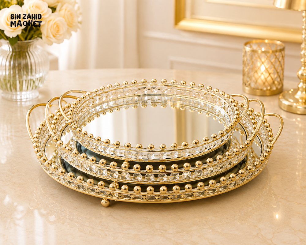 GOLD CRYSTAL BEADED ROUND MIRRORED TRAY SET