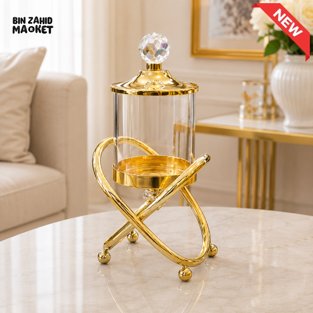 GOLD CRYSTAL DECORATIVE GLASS JAR WITH SCULPTURAL STAND - SMALL