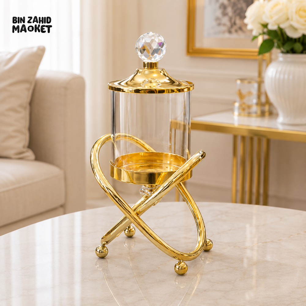 GOLD CRYSTAL DECORATIVE GLASS JAR WITH SCULPTURAL STAND - SMALL