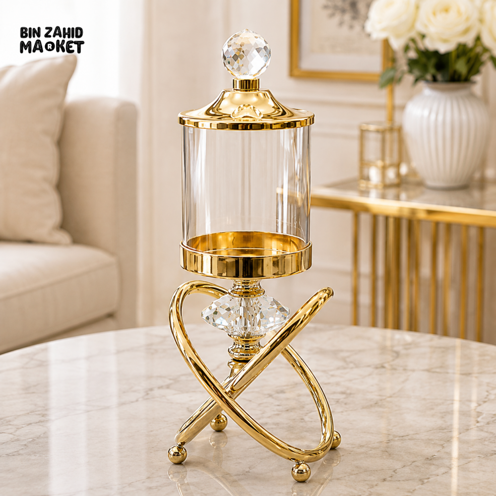 GOLD CRYSTAL DECORATIVE GLASS JAR WITH STAND - LARGE