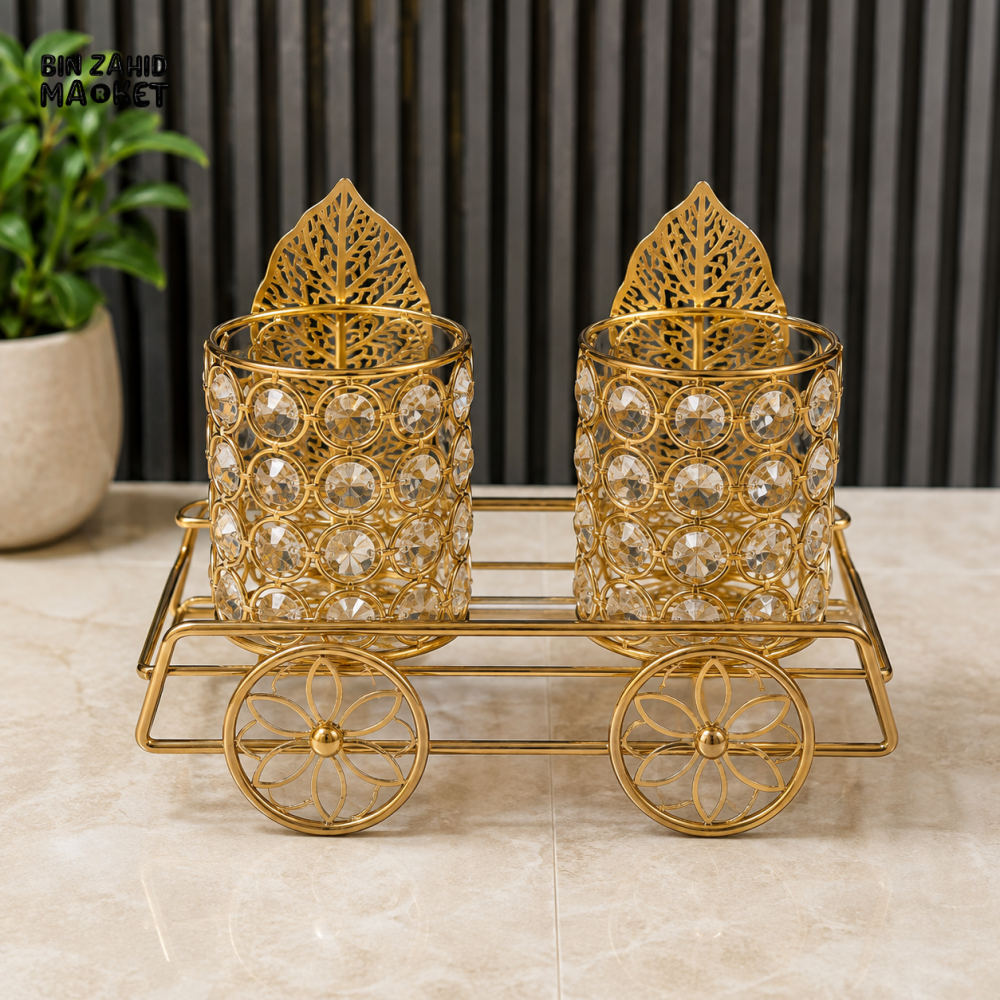 GOLD CRYSTAL DOUBLE CONDIMENT HOLDER WITH DECORATIVE CART STAND