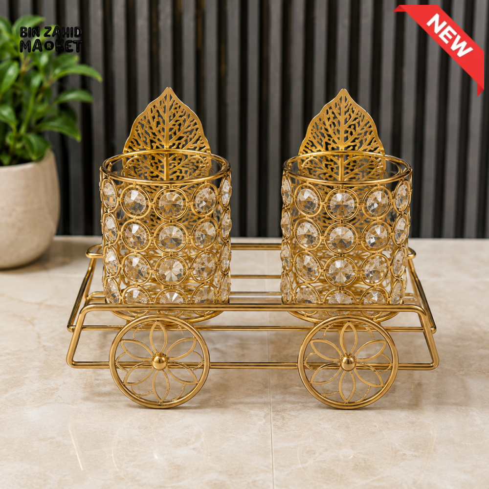 GOLD CRYSTAL DOUBLE CONDIMENT HOLDER WITH DECORATIVE CART STAND