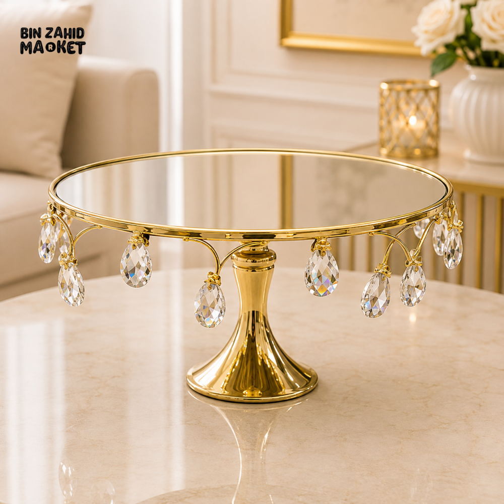 GOLD CRYSTAL DROP MIRRORED PEDESTAL DISPLAY STAND