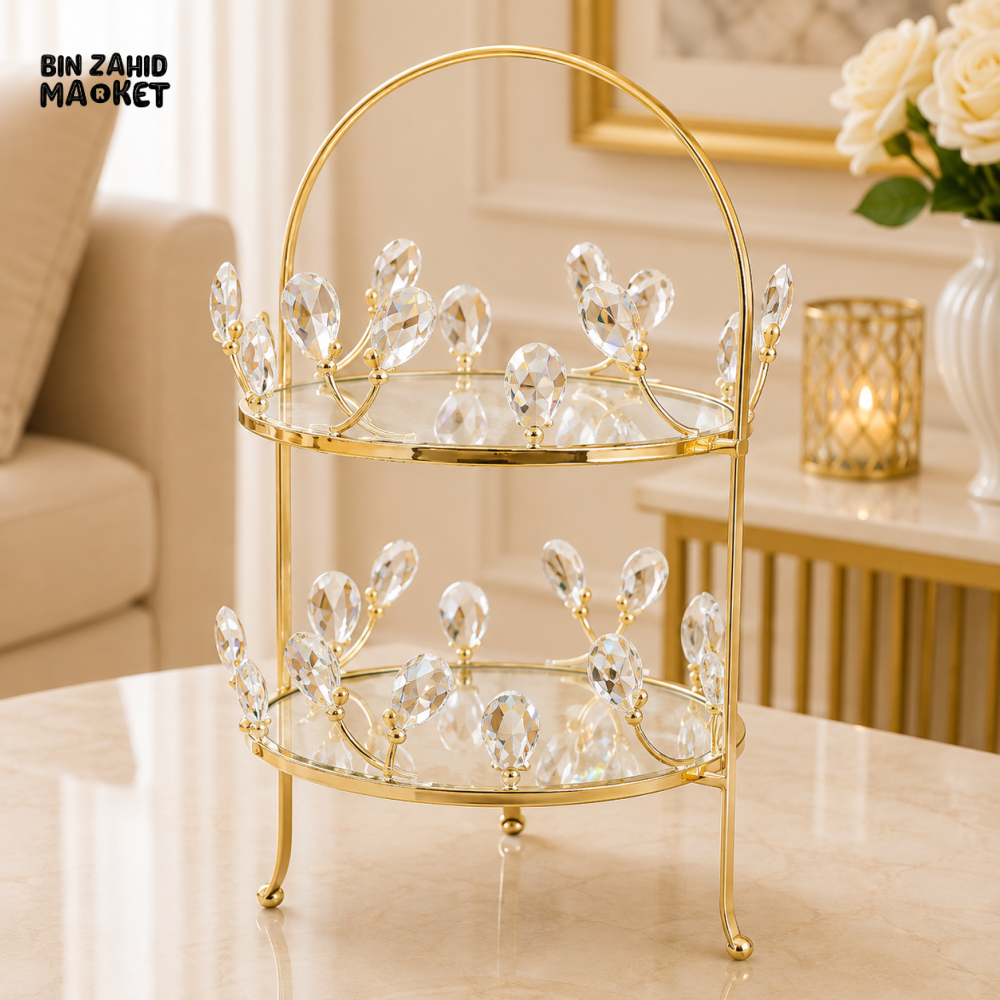 GOLD CRYSTAL LEAF 2-TIER MIRRORED DISPLAY STAND