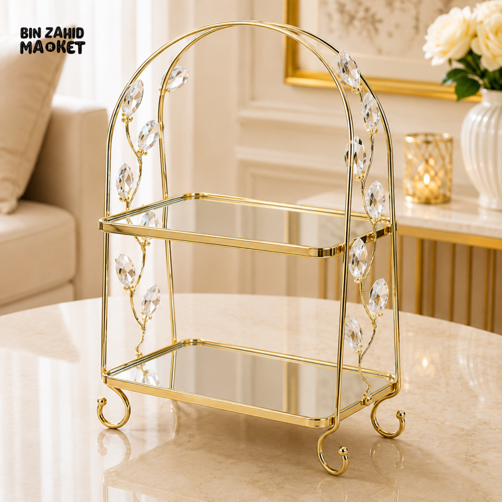 GOLD CRYSTAL LEAF 2-TIER MIRRORED DISPLAY STAND