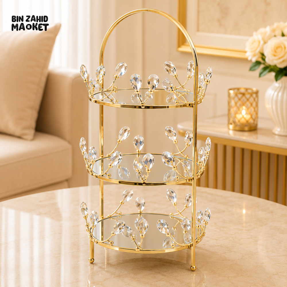 GOLD CRYSTAL LEAF 3-TIER MIRRORED DISPLAY STAND