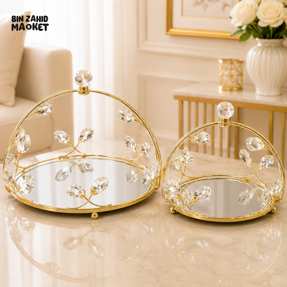 GOLD CRYSTAL LEAF MIRRORED DISPLAY TRAY SET