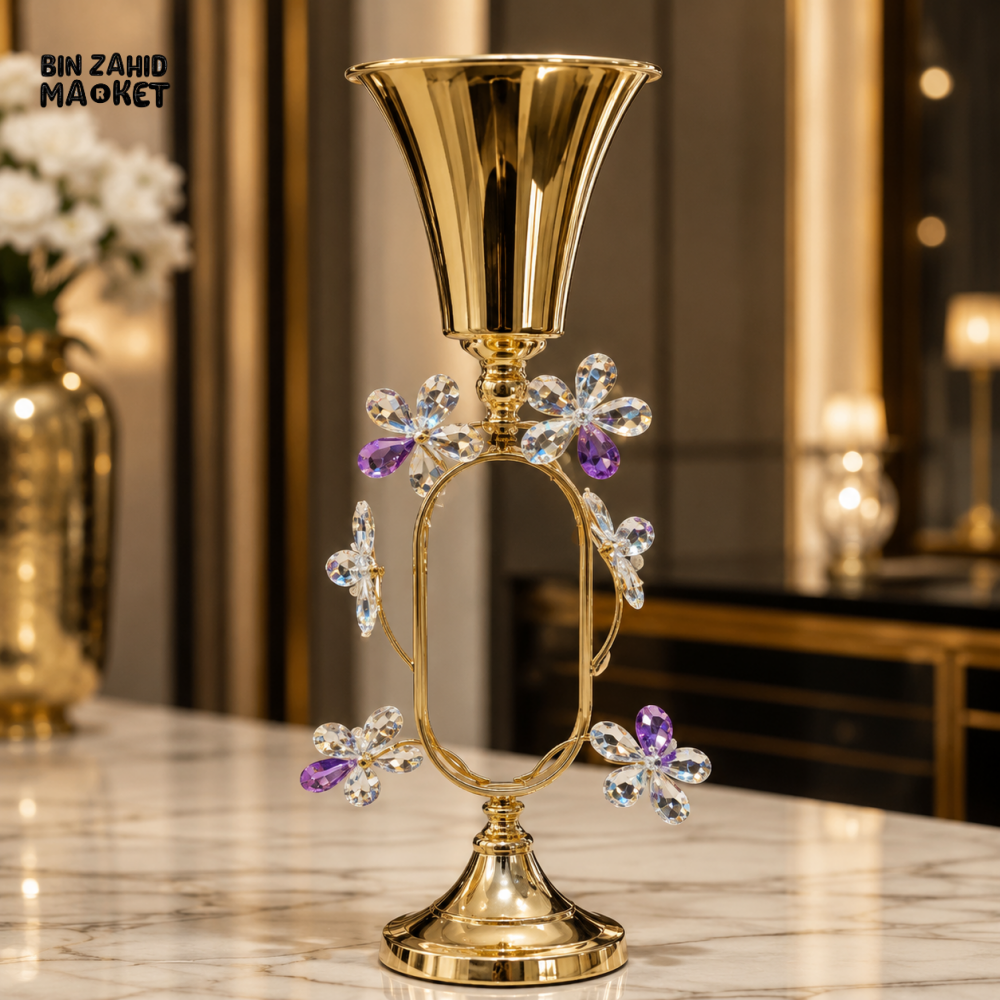 GOLD DECORATIVE VASE WITH CRYSTAL FLOWER ACCENTS