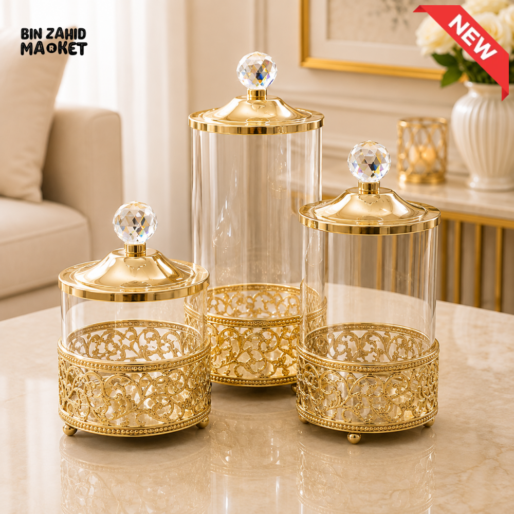 GOLD FILIGREE GLASS DECORATIVE JAR SET