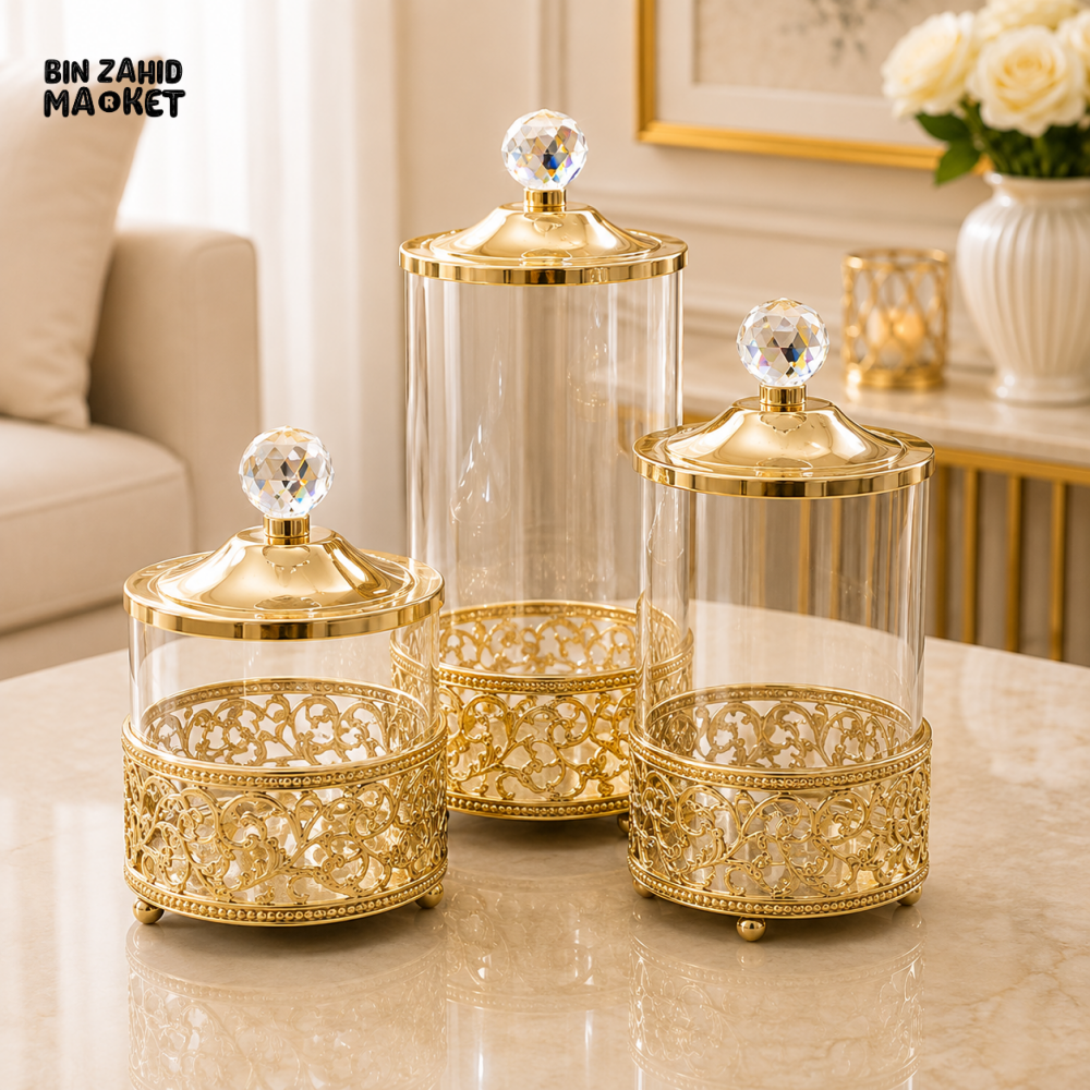 GOLD FILIGREE GLASS DECORATIVE JAR SET