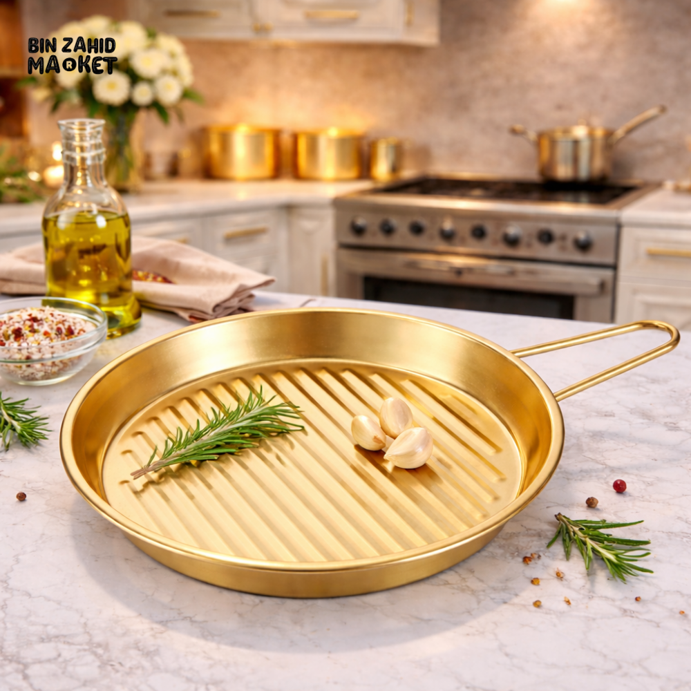 GOLD FINISH ROUND GRILL PAN WITH HANDLES – MODERN KITCHEN COOKWARE ESSENTIAL