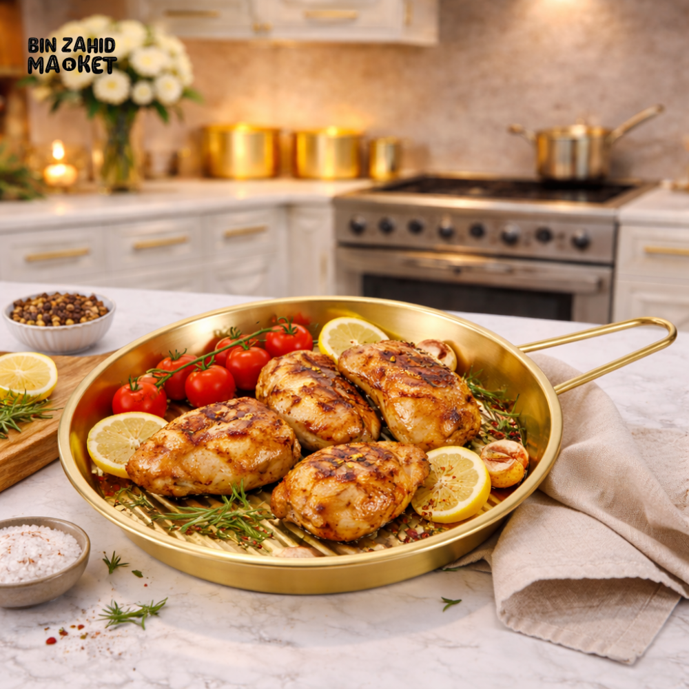 GOLD FINISH ROUND GRILL PAN WITH HANDLES – MODERN KITCHEN COOKWARE ESSENTIAL