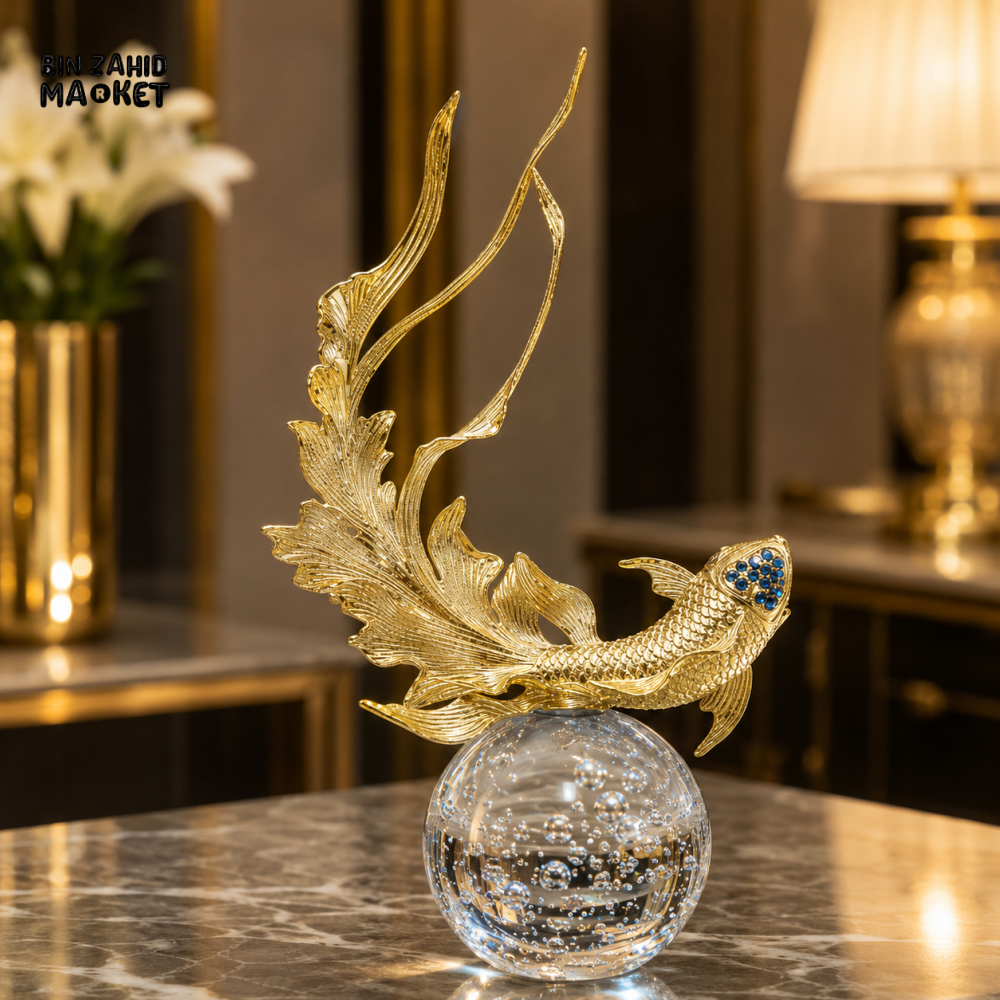 GOLD FISH SCULPTURE WITH CRYSTAL BALL BASE
